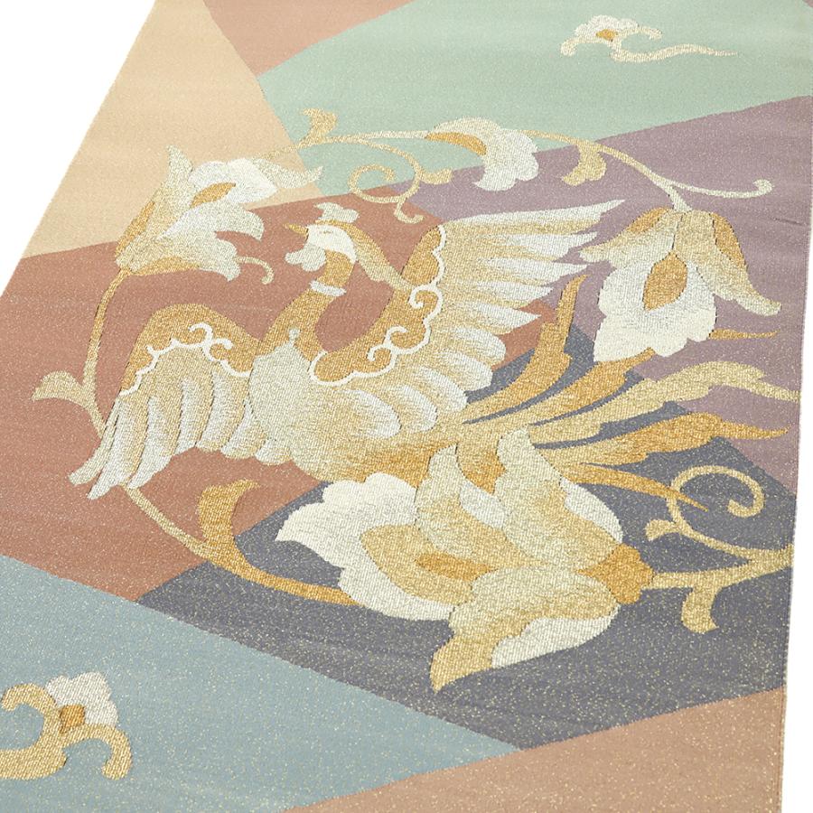 付け帯 名古屋帯 正絹 作り帯 灰色 金 鳳凰 幾何学 お太鼓 ワンタッチ