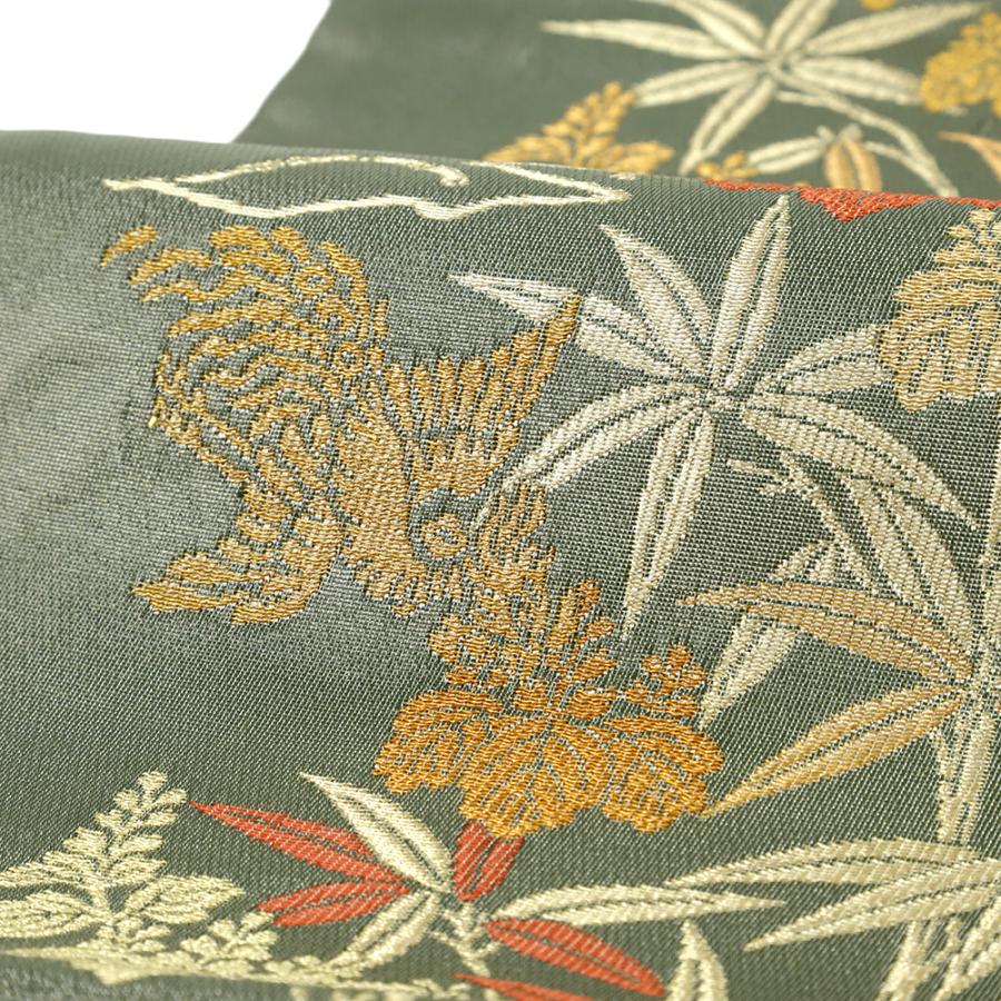 付け帯 袋帯 紋屋井関 綾綺織 緑 桐 花 金糸 二重太鼓 正絹 作り帯