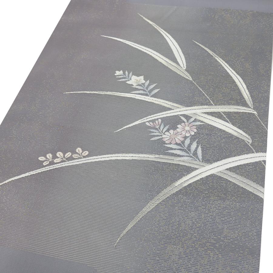 名古屋帯 夏物 絽 正絹 灰紫 花 菊 桔梗 引箔 仕立て上がり 夏帯