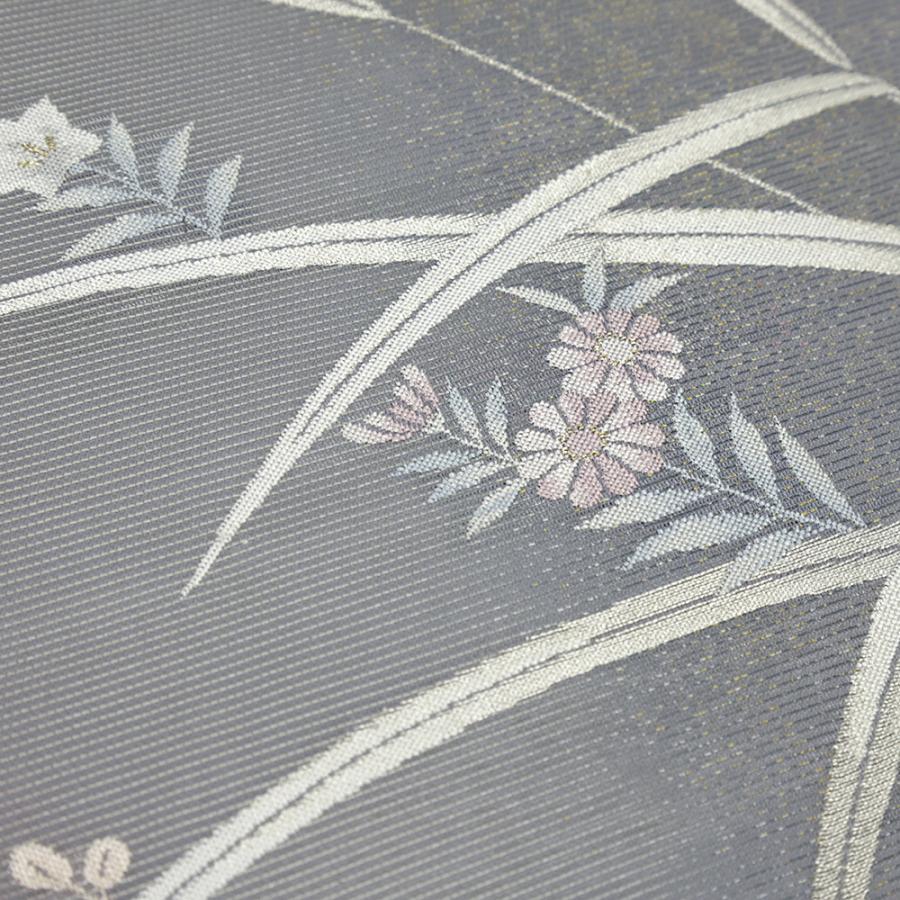 名古屋帯　絹　夏帯　夏物　絽　染め　白　紫　グレー　花柄　和装 名古屋帯 夏物 絽 正絹 灰紫 花 菊 桔梗 引箔 仕立て上がり 夏帯
