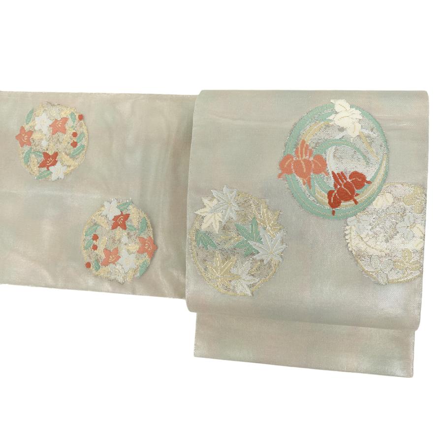 袋帯 中古 夏帯 二重紗 引箔 正絹 杜若 紅葉 楓 萩 花の丸 唐織 仕立て 