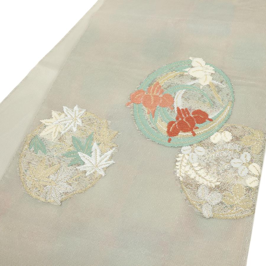 袋帯 中古 夏帯 二重紗 引箔 正絹 杜若 紅葉 楓 萩 花の丸 唐織 仕立て 