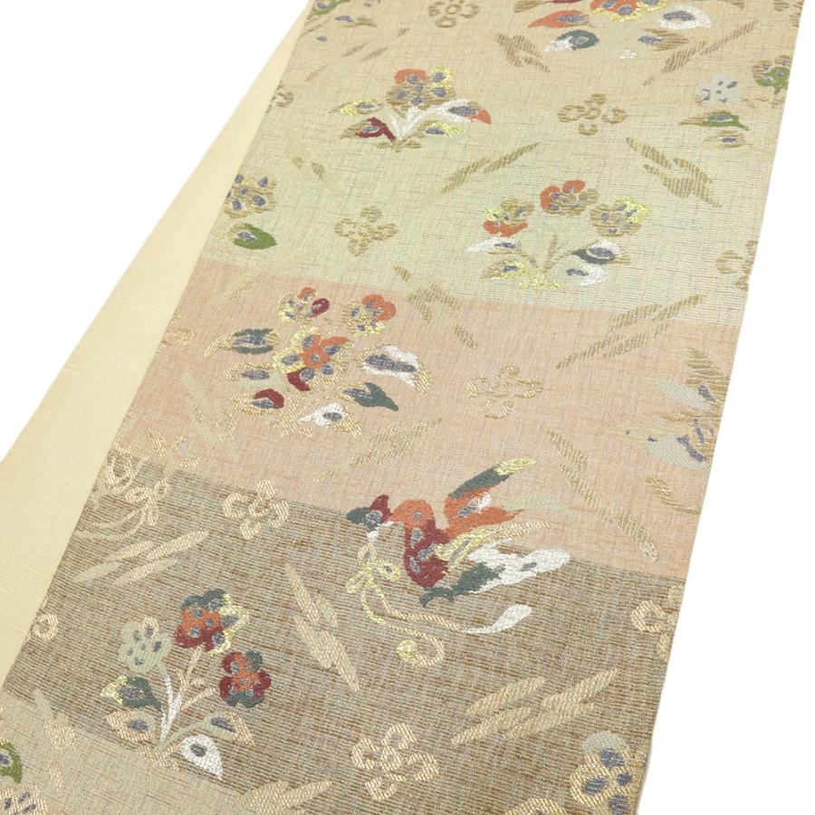 袋帯 カジュアル ベージュ 茶 鳥 花菱 横段 唐織 金糸 洒落袋帯 中古 