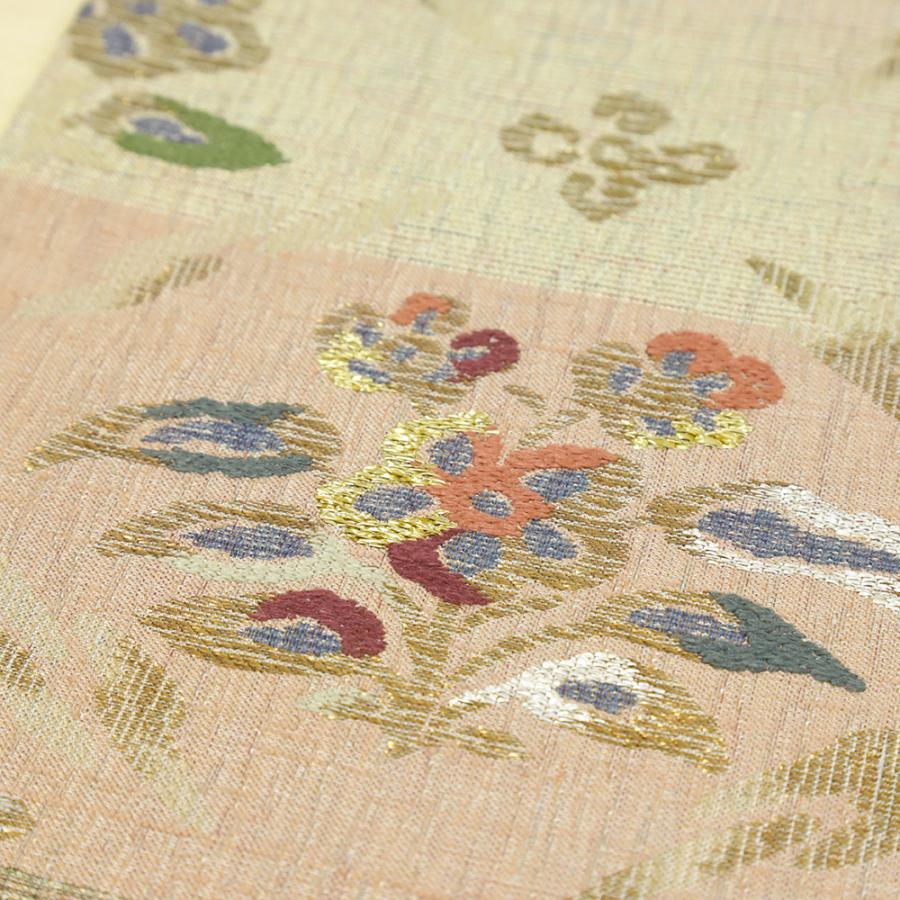 袋帯 カジュアル ベージュ 茶 鳥 花菱 横段 唐織 金糸 洒落袋帯 中古 