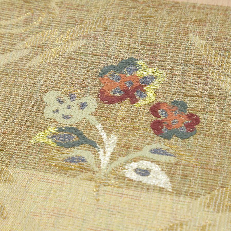 袋帯 カジュアル ベージュ 茶 鳥 花菱 横段 唐織 金糸 洒落袋帯 中古 