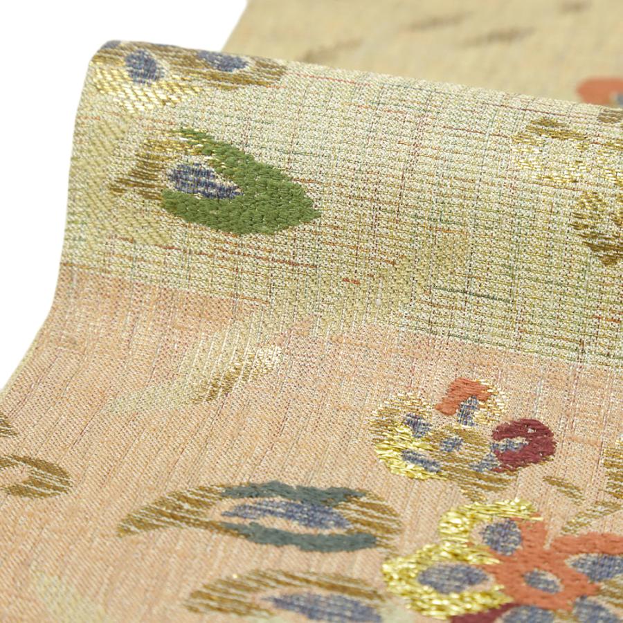 袋帯 カジュアル ベージュ 茶 鳥 花菱 横段 唐織 金糸 洒落袋帯 中古 