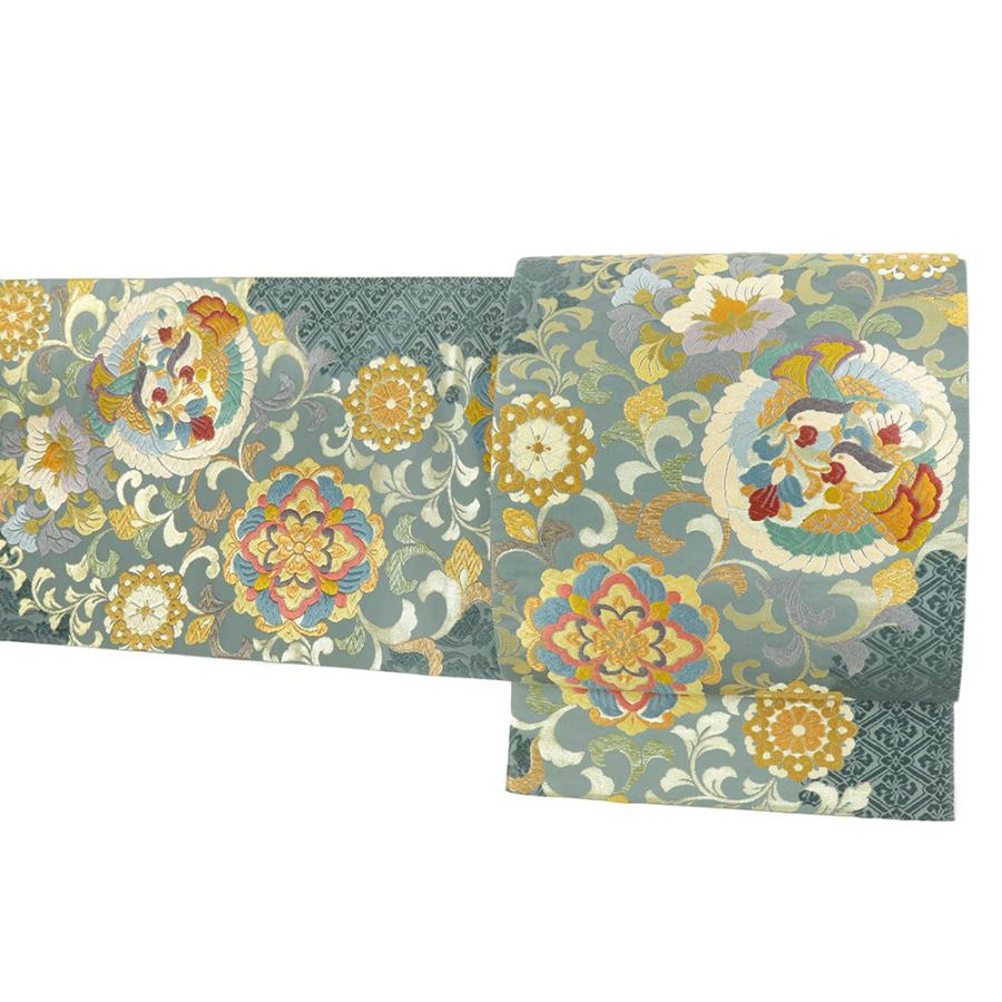 袋帯 中古 とみや織物 唐織 礼装用 モスグリーン 緑 華紋 花唐草 花菱 
