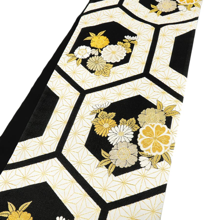 袋帯 振袖用 中古 黒 白 モノトーン 亀甲 麻の葉 桜 菊 正絹 帯