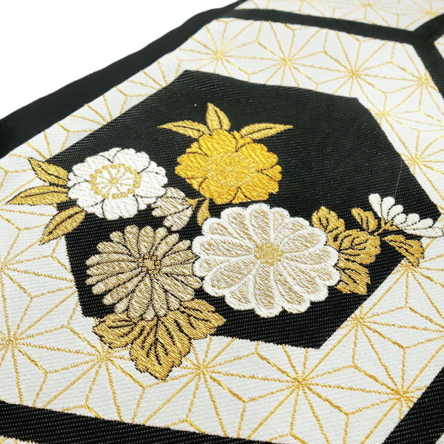 袋帯 振袖用 中古 黒 白 モノトーン 亀甲 麻の葉 桜 菊 正絹 帯