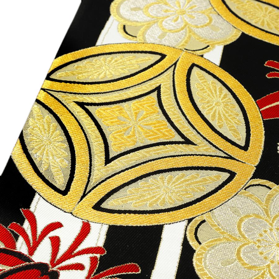 袋帯 振袖用 中古 黒 七宝 竹 梅 花菱 正絹 帯 リサイクル 礼装用