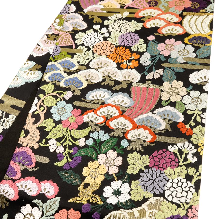 袋帯 中古 全通 黒 唐織 松 桜 菊 エ霞 正絹 リサイクル 帯 礼装用