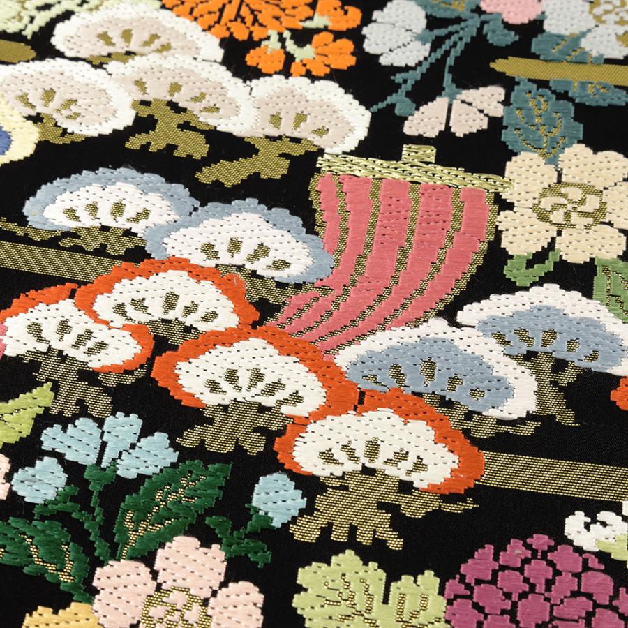 袋帯 中古 全通 黒 唐織 松 桜 菊 エ霞 正絹 リサイクル 帯 礼装用