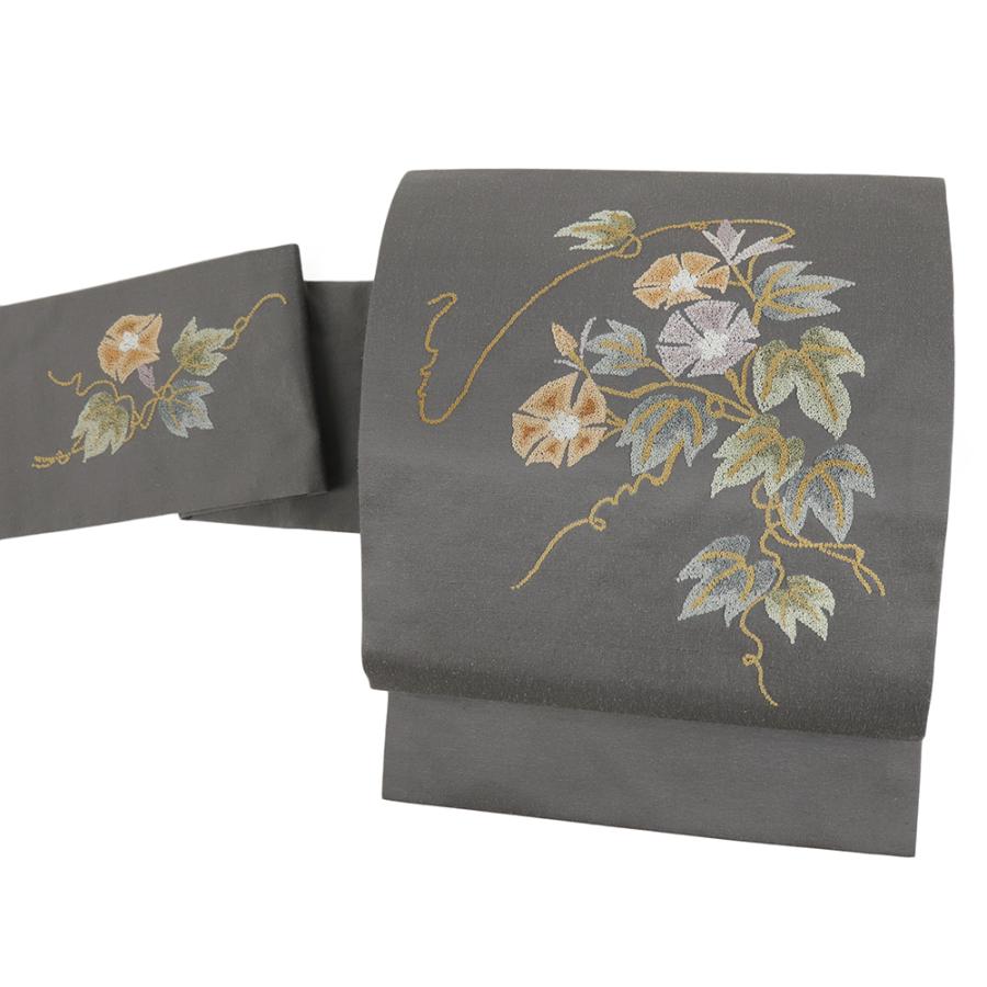 名古屋帯 紬 相良刺繍 グレー 正絹 中古 花 朝顔 手刺繍 帯 リサイクル カジュアル 着物 仕立て上がり 九寸 No.i6-2453