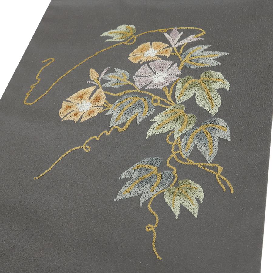 名古屋帯 紬 相良刺繍 グレー 正絹 中古 花 朝顔 手刺繍 帯 リサイクル カジュアル 着物 仕立て上がり 九寸 No.i6-2453