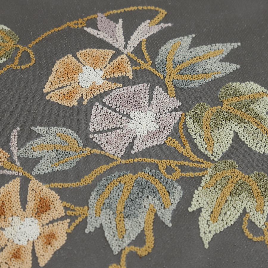 名古屋帯 紬 相良刺繍 グレー 正絹 中古 花 朝顔 手刺繍 帯 リサイクル カジュアル 着物 仕立て上がり 九寸 No.i6-2453