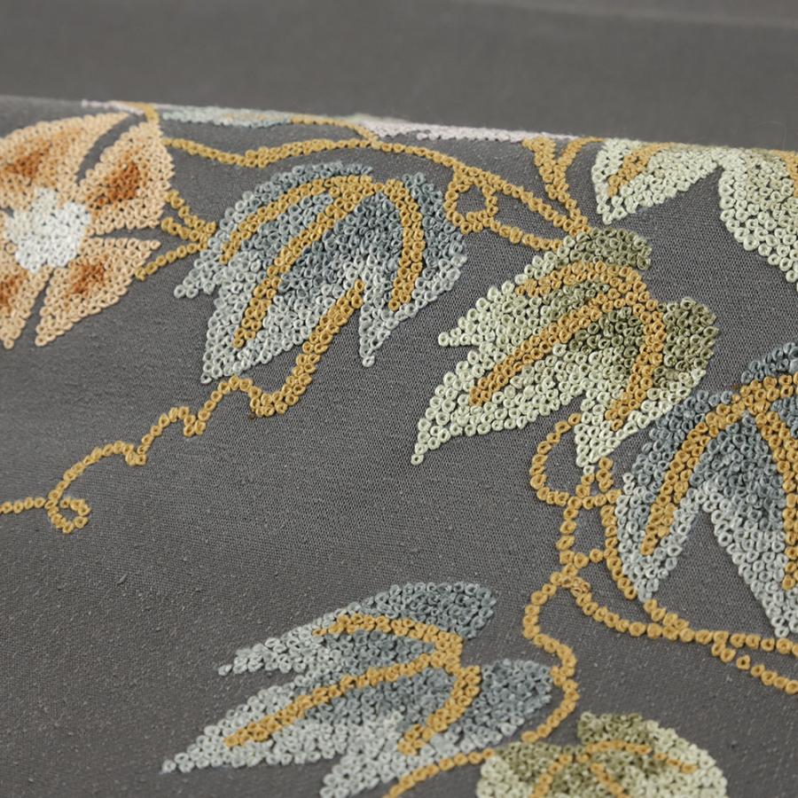 名古屋帯 紬 相良刺繍 グレー 正絹 中古 花 朝顔 手刺繍 帯 リサイクル カジュアル 着物 仕立て上がり 九寸 No.i6-2453
