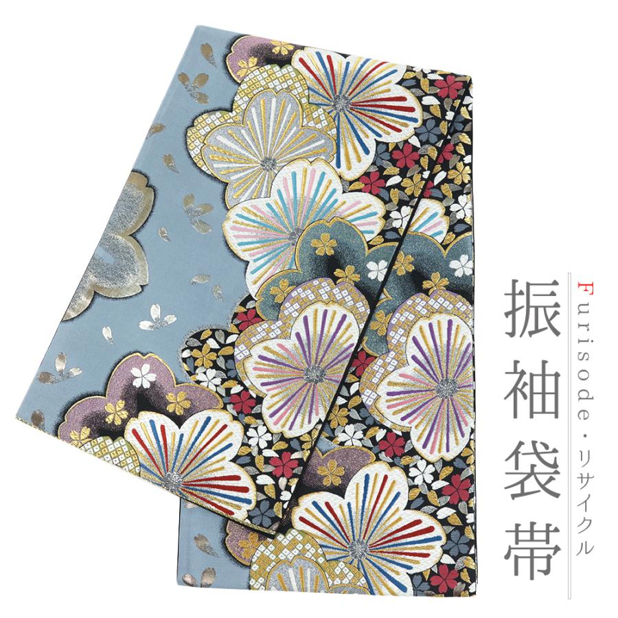 袋帯 振袖用 桜 黒 プラチナ箔 水色 中古 リサイクル 正絹 唐織 金糸 