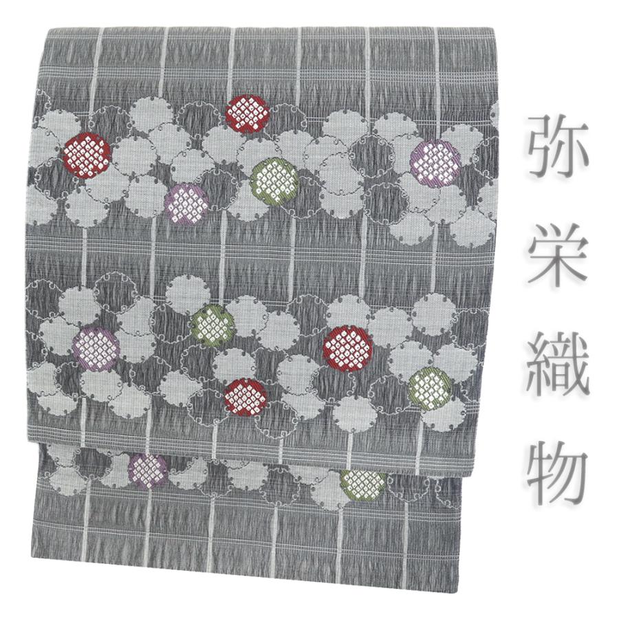 袋帯 弥栄織物 正絹 グレー 中古 雪輪 格子 リサイクル 三重組織超軽量