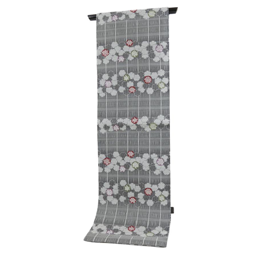 袋帯 弥栄織物 正絹 グレー 中古 雪輪 格子 リサイクル 三重組織超軽量