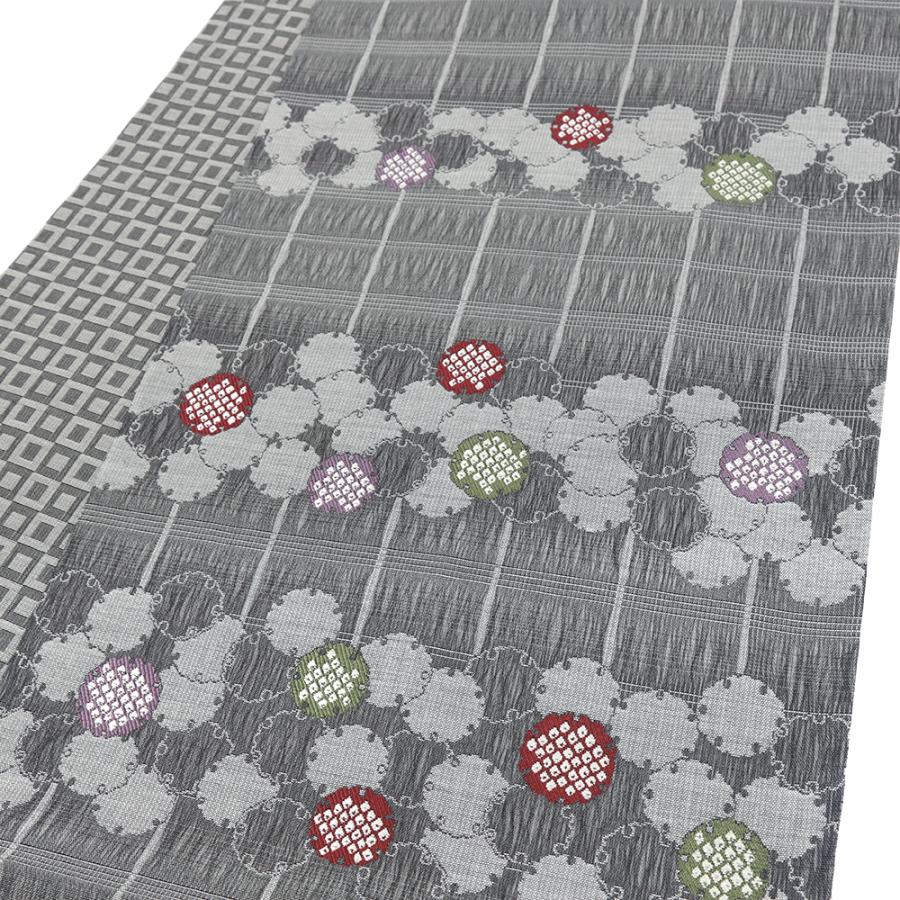 袋帯 弥栄織物 正絹 グレー 中古 雪輪 格子 リサイクル 三重組織超軽量