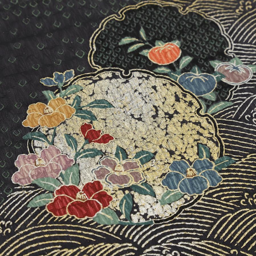 袋帯 全通 中古 正絹 ふくれ織 帯 墨黒 花 桜 椿 花唐草 雪輪 波 友禅染 金彩加工 カジュアル 着物 リサイクル 仕立て上がり No.i6-2504