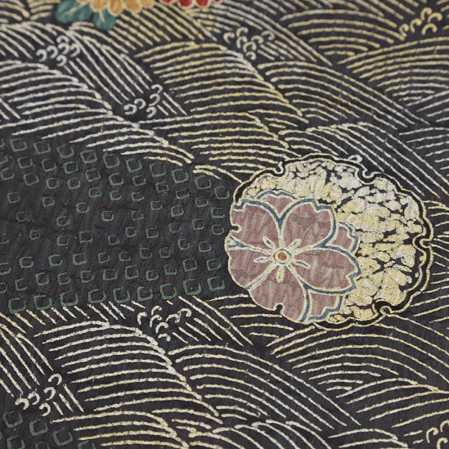 袋帯 全通 中古 正絹 ふくれ織 帯 墨黒 花 桜 椿 花唐草 雪輪 波 友禅染 金彩加工 カジュアル 着物 リサイクル 仕立て上がり No.i6-2504