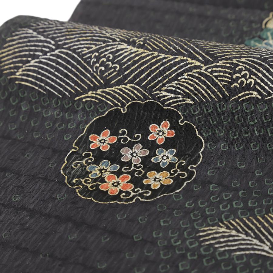 袋帯 全通 中古 正絹 ふくれ織 帯 墨黒 花 桜 椿 花唐草 雪輪 波 友禅染 金彩加工 カジュアル 着物 リサイクル 仕立て上がり No.i6-2504