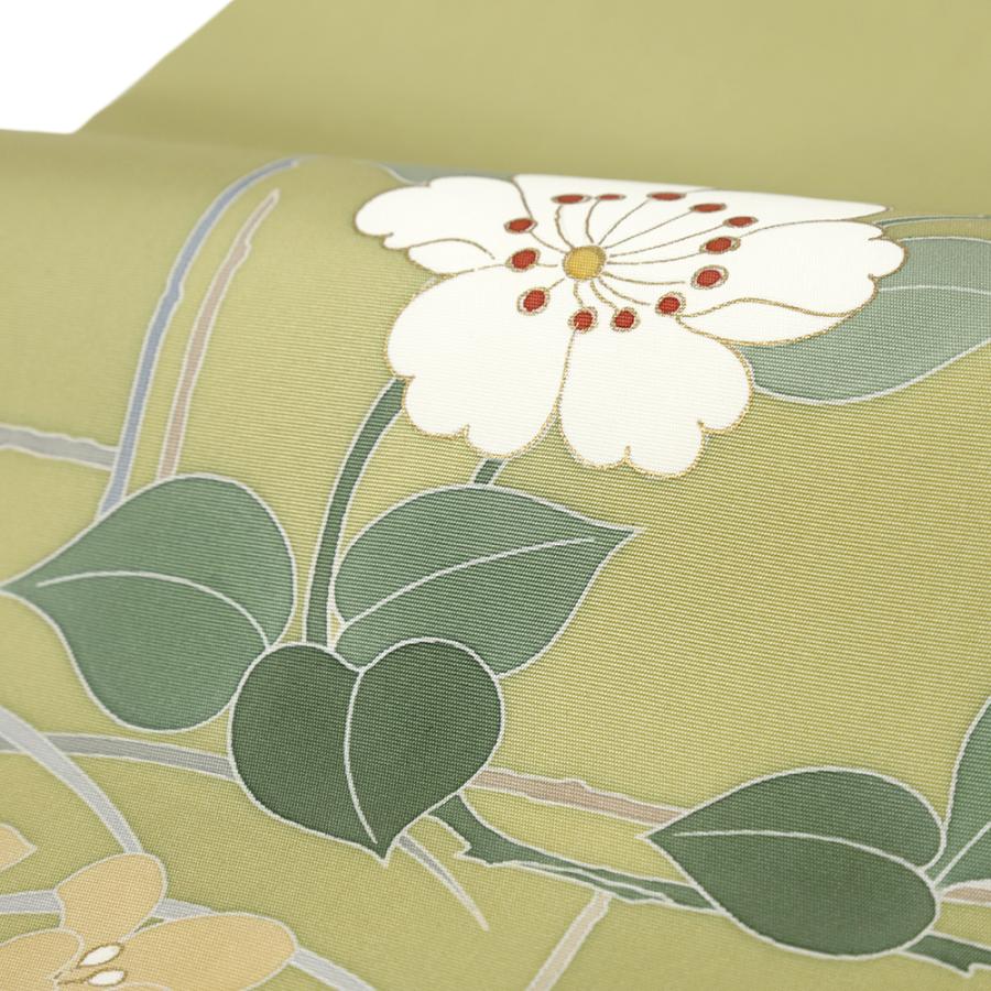 名古屋帯 塩瀬 正絹 新古品 抹茶 花 極上の手描友禅 リサイクル 帯