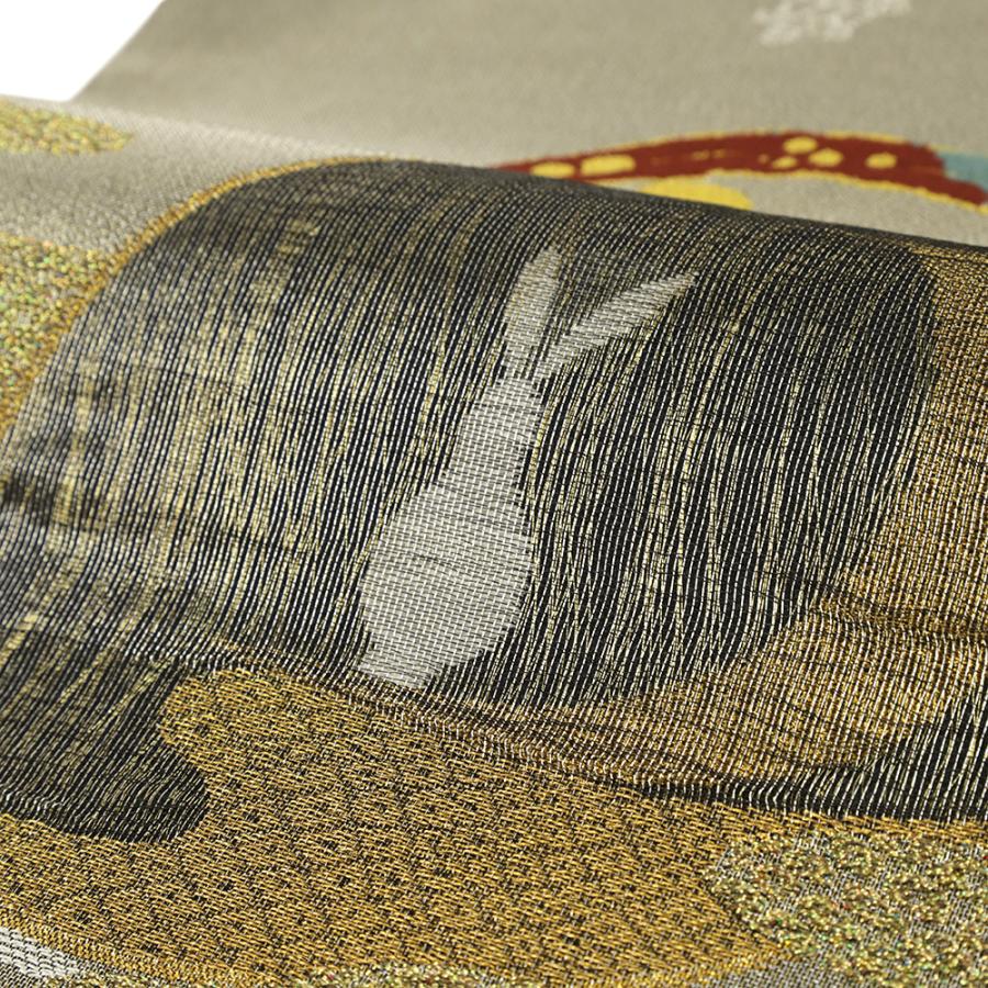 袋帯 誉田屋源兵衛 正絹 中古 うさぎ 月 霞 グレージュ 金 相良刺繍 