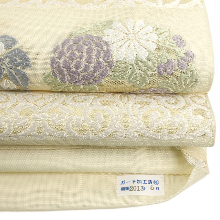 袋帯 白 夏帯 中古 紗 織文意匠 鈴木 クリーム色 唐織 桜 菊 笹 唐草