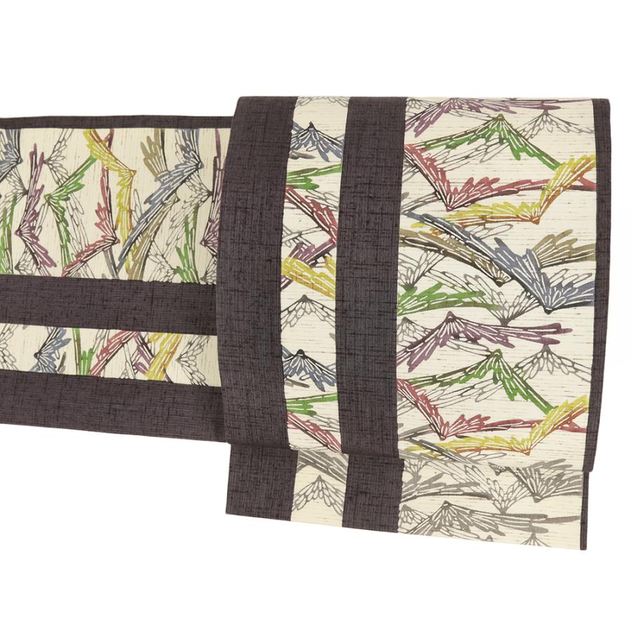 江戸紅型 ぜんまい紬 開き名古屋帯 正絹 中古 白 グレー 花 菊 帯