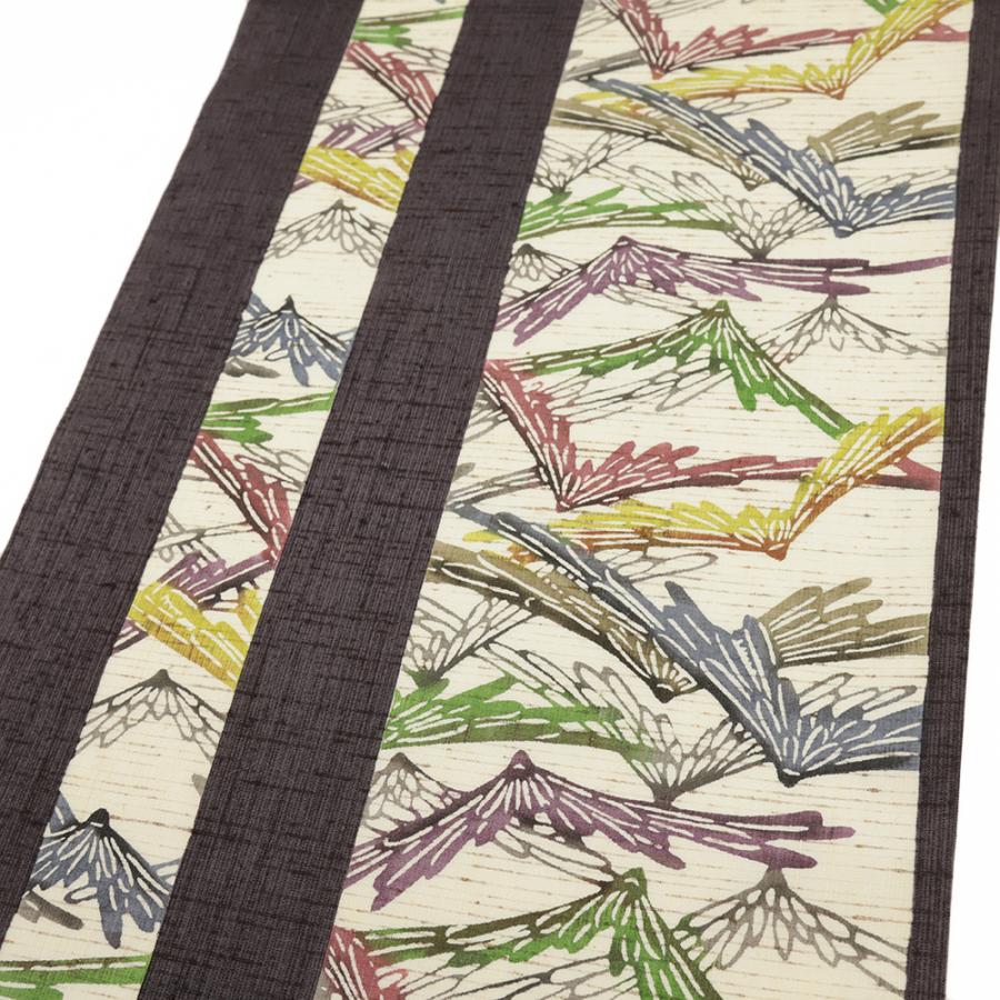 江戸紅型 ぜんまい紬 開き名古屋帯 正絹 中古 白 グレー 花 菊 帯