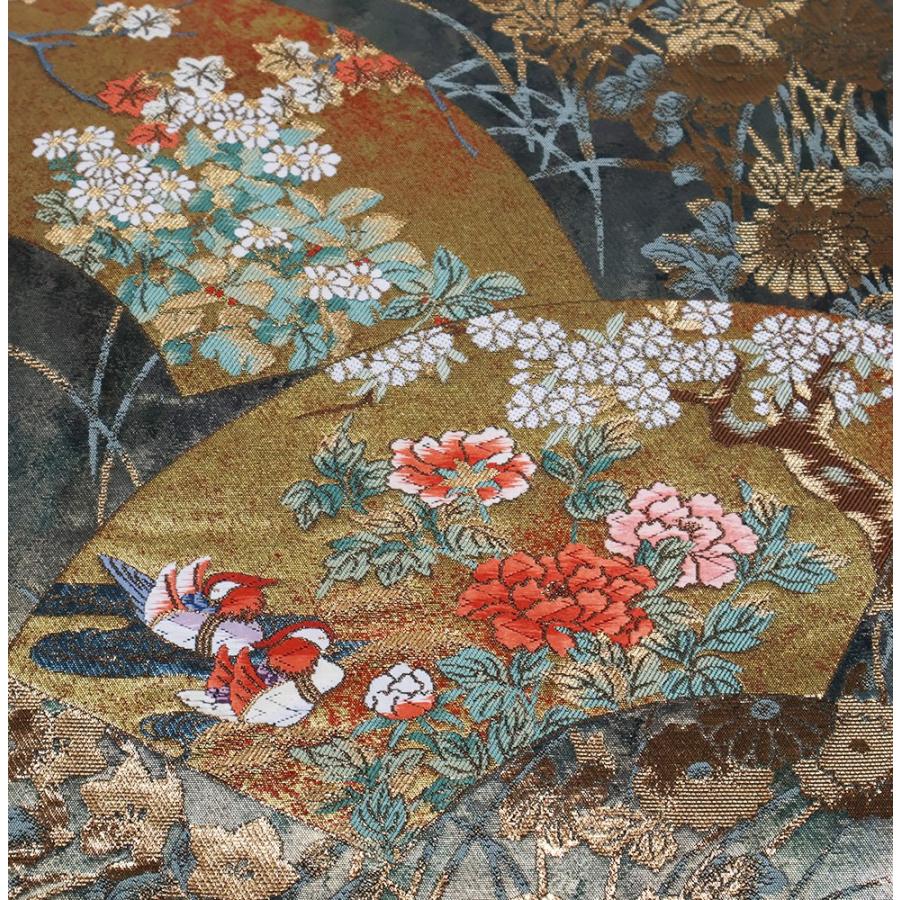 服部織物謹製 西陣織袋帯 正絹 扇面牡丹鷺鶯紋 純金箔 Mサイズ F2958  