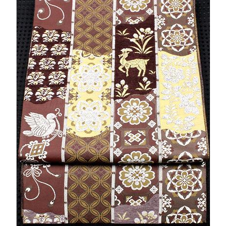 訪問着用 袋帯 正絹 正倉院文様 唐花 鳳凰 華文 Mサイズ F3388 美品  