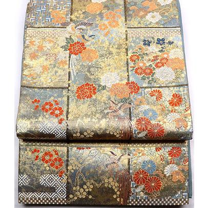 留袖用 袋帯 正絹 花鳥紋 鳳凰 梅 菊 牡丹 Lサイズ F3554 新品 