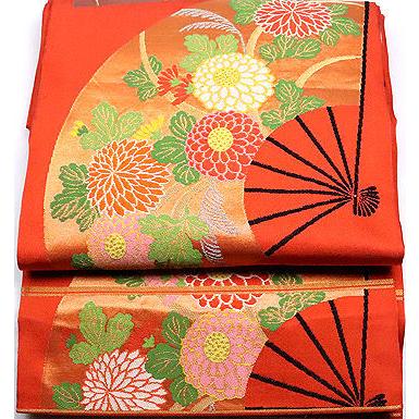 織悦謹製 振袖用 西陣織袋帯 正絹 花扇子 全通 Lサイズ F4092 美品 