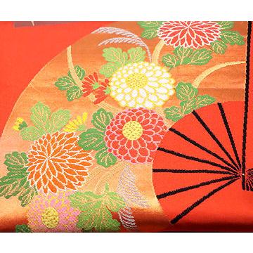 織悦謹製 振袖用 西陣織袋帯 正絹 花扇子 全通 Lサイズ F4092 美品 