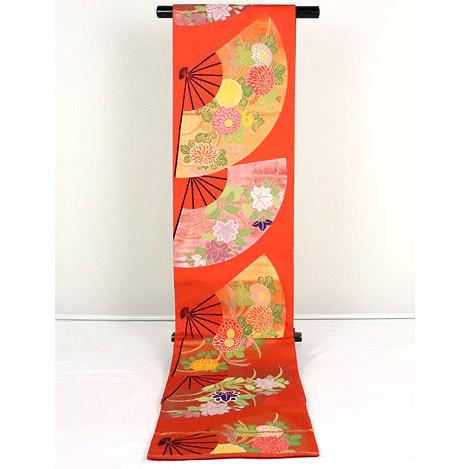 織悦謹製 振袖用 西陣織袋帯 正絹 花扇子 全通 Lサイズ F4092 美品 