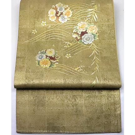 訪問着用 袋帯 正絹 金箔 螺鈿 牡丹 金彩花丸紋 Mサイズ F4177 新品 