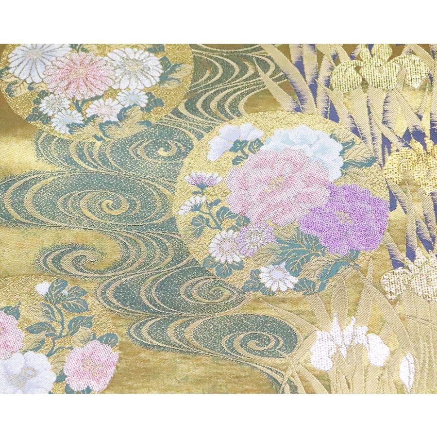 留袖用 袋帯 正絹 金箔 菖蒲 花丸紋 牡丹 梅 菊 Lサイズ F4330 未使用 