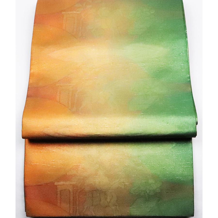 お洒落訪問着用 牛首紬 袋帯 正絹 朱 薄紫 緑 暈し 人馬 全通 LLサイズ  