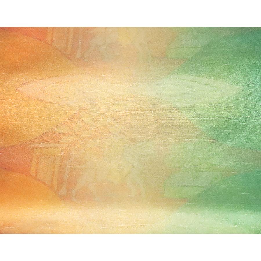 お洒落訪問着用 牛首紬 袋帯 正絹 朱 薄紫 緑 暈し 人馬 全通 LLサイズ  