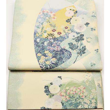 ブランド登録なし 留袖用 袋帯 正絹 ベージュ 緑 菊 草花 扇文 Lサイズ 