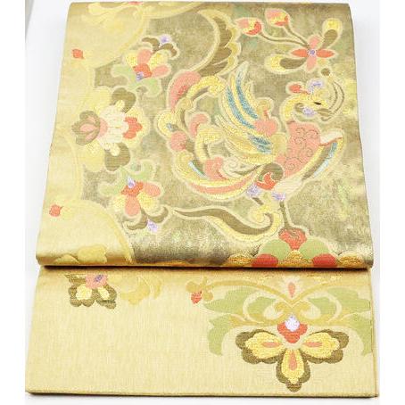 留袖用 袋帯 正絹 金 緑 花喰鳥 Lサイズ F4483 未使用品 公式行事 送料