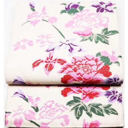 振袖用 袋帯 正絹 牡丹花 LONG VARIE 白 LLサイズ F4532 新品  