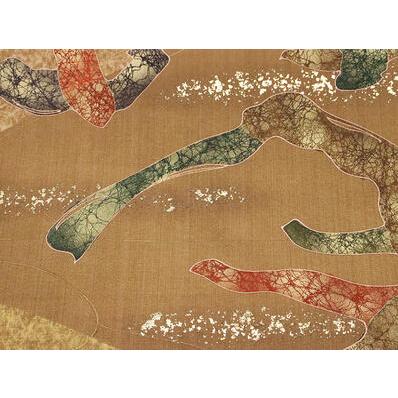 ブランド登録なし 本場縞大島紬 お洒落訪問着用 袋帯 正絹 茶色 地割れ 