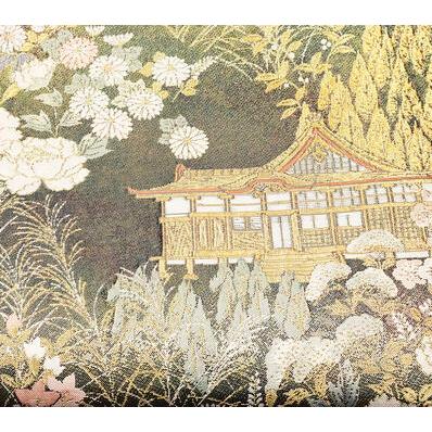 留袖用 袋帯 正絹 金 緑 寺社 松竹梅 花流水 Mサイズ F4622 新品 着物 