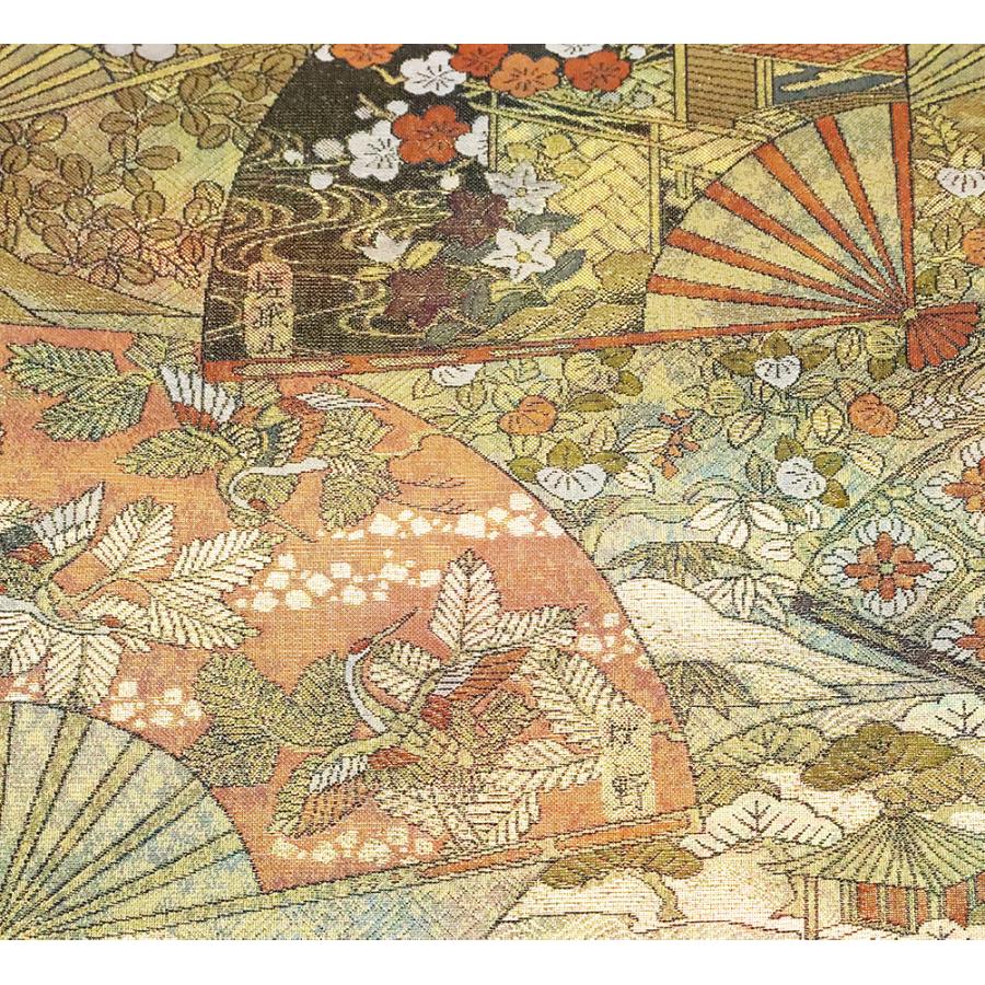 留袖用 袋帯 正絹 洛中図 花鳥扇子 花喰鳥 松竹梅 菊 Lサイズ F4902 未 