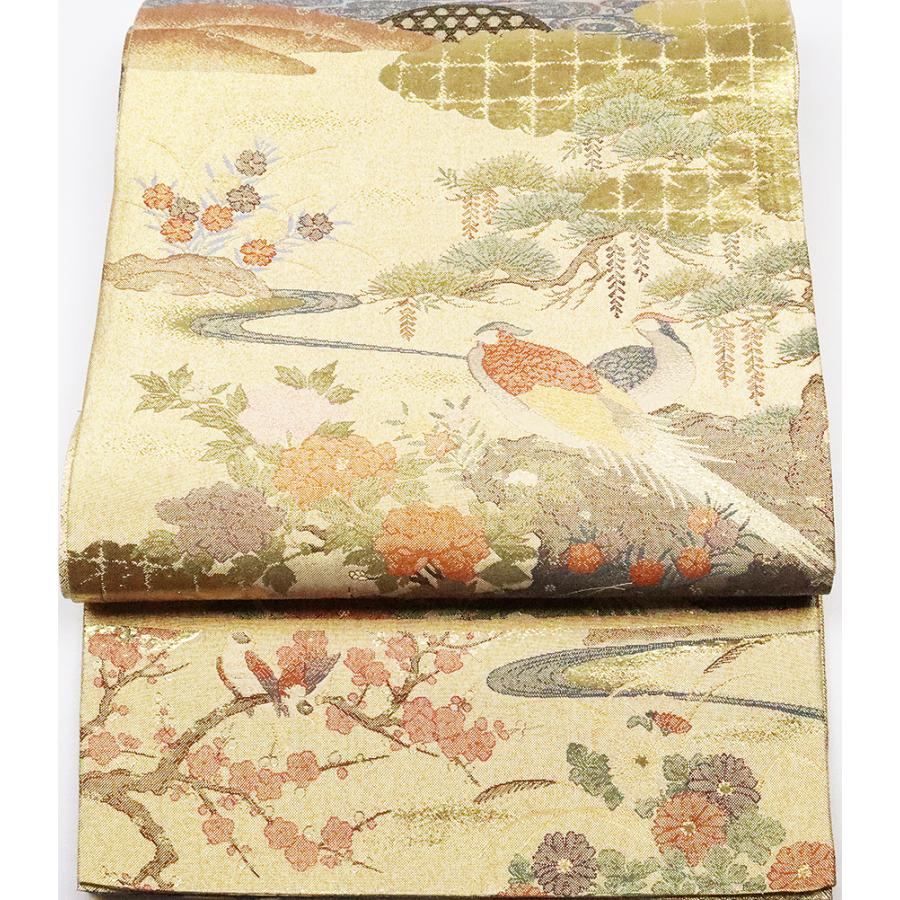留袖用 袋帯 正絹 花鳥紋 夫婦雉 オシドリ 松竹梅 Mサイズ F4995 美品 