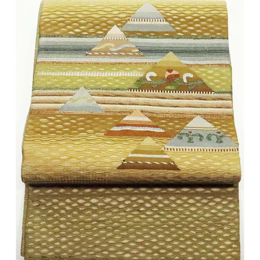 お洒落訪問着用 袋帯 緑 茶 ベージュ 鱗文 F5439 美品 LLサイズ 